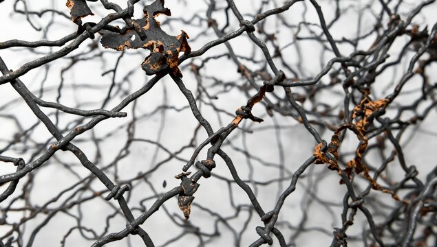 Damaged metal mesh on a white backdrop.