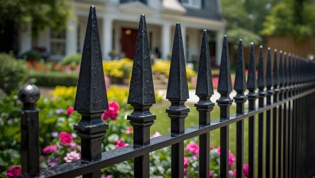 Detail shot of spiked iron barrier for safety.