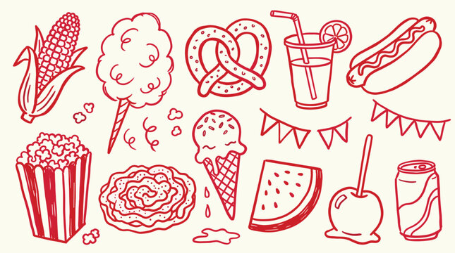 Collection of carnival food and treats hand drawn illustration in red ink on a cream background