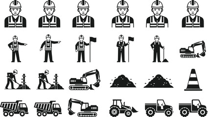 Black and white construction icons featuring workers with helmets, safety vests, vehicles, dump trucks, excavators, tractors, traffic cone, industrial equipment and tools for building and engi © MstAskina