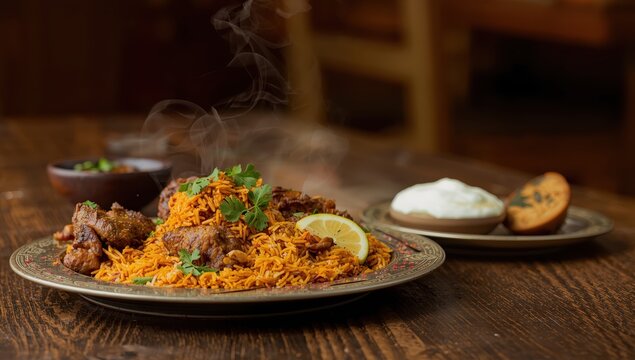 Flavorful mutton biryani on a wooden surface.