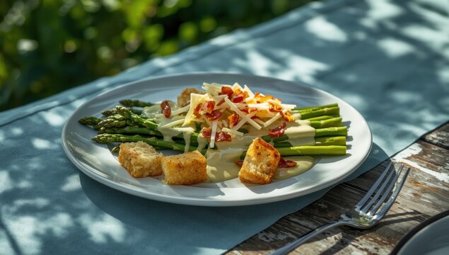 Gourmet dish of Caesar asparagus topped with sliced bacon, parmesan, and croutons.