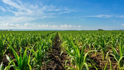 Fototapeta premium Green sugar cane fields with tropical trees and blue skies.