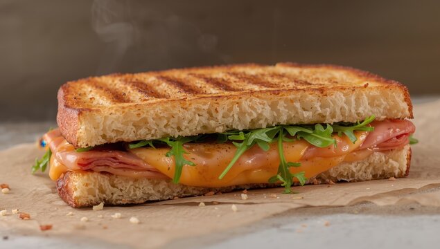 Grilled ham, cheese, and arugula sandwich on paper.