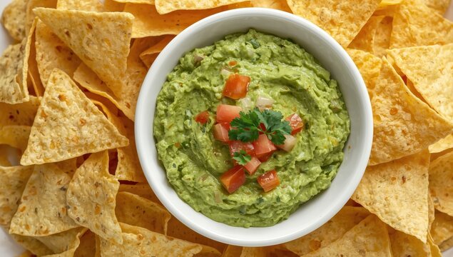 Guacamole dip with corn tortilla chips in a white bowl. Isolated on white.