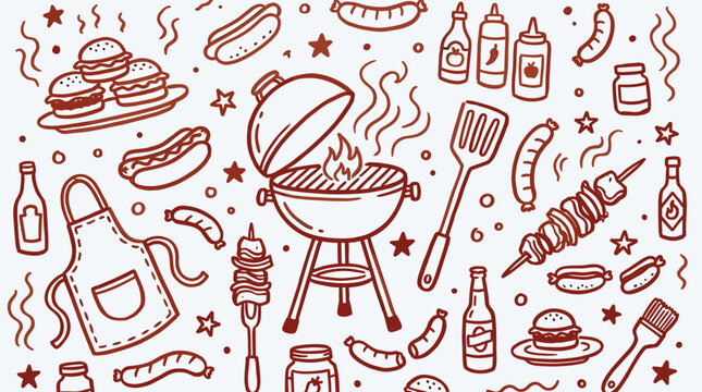 Hand drawn illustration of a summer barbecue party with grilled food, burgers, hot dogs, drinks, and grilling tools on a white background