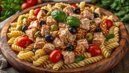 Fototapeta premium Homemade tuna salad with fusilli, olives, and cherry tomatoes.