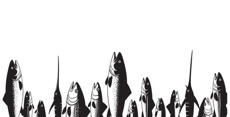 A black and white illustration of various fish species standing upright, creating a border at the bottom of the frame. © Riki