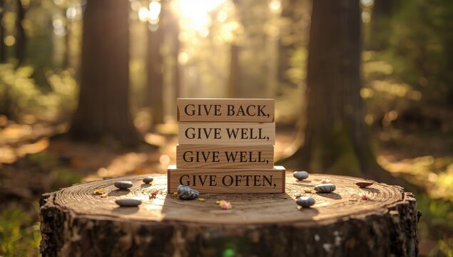 Inscribe &ldquo;share generously and frequently&rdquo; on wooden blocks.