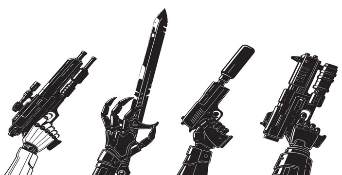 A set of four futuristic weapon illustrations, featuring various firearms and a blade, rendered in a stylized black and white comic art style.