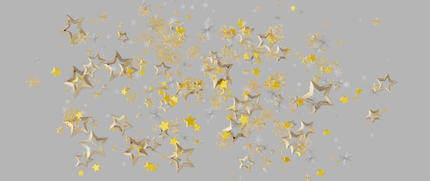 Festive gold stars and snowflakes floating against a grey backdrop. Perfect for holiday themes, cel