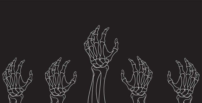 Spooky Halloween skeleton hands reaching up from the bottom of a dark background, perfect for a creepy and eerie design.