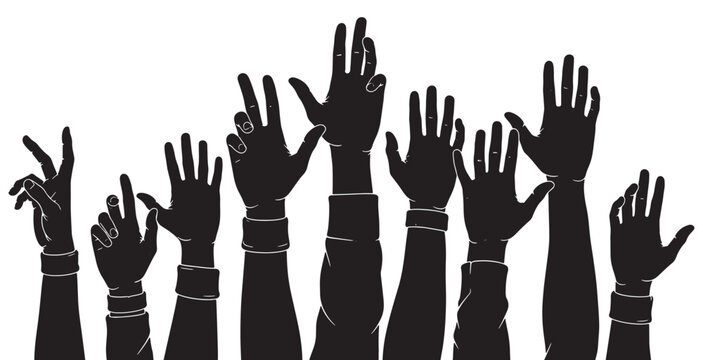 Silhouettes of many raised hands reaching up, symbolizing participation, voting, or asking questions in a group setting.