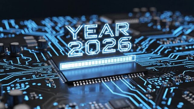 The year 2026 loading with futuristic digital display and circuit board design
