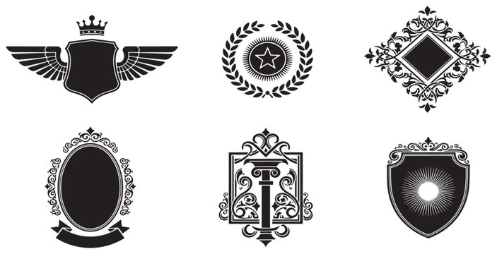 Set of six ornate heraldic emblems and badges, perfect for vintage designs and decorative elements.