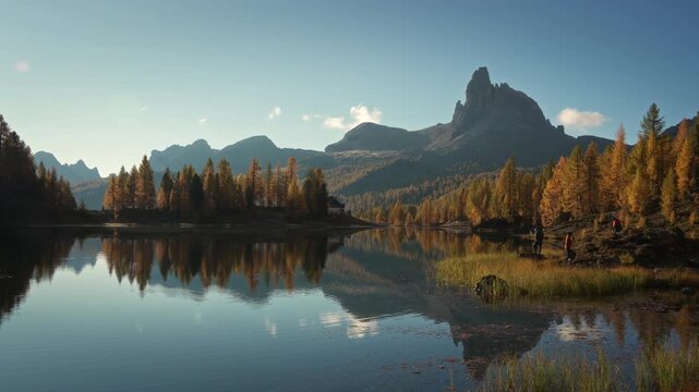 Scenic autumn landscape of Lago di Federa with Croda da Lago peak surrounded by larch forest in Dolomites, Italy