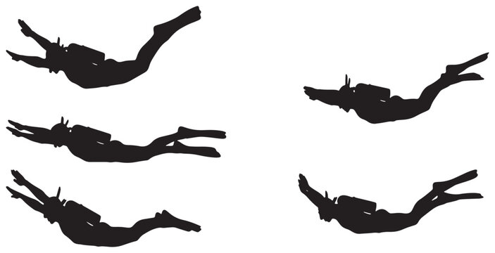 Silhouettes of divers in various underwater positions, showcasing dynamic movement and exploration.