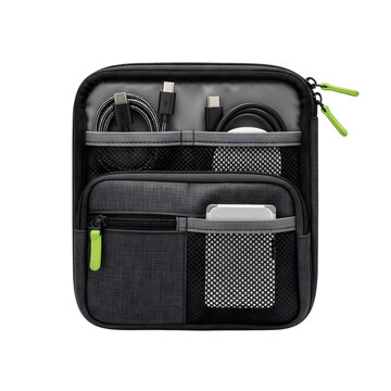 Black cable organizer bag with multiple compartments and accessories on transparent background