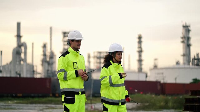 Industrial engineers in safety jackets and hard hats using walkie-talkies at a chemical refinery plant during sunset. Professional petrochemical factory teamwork