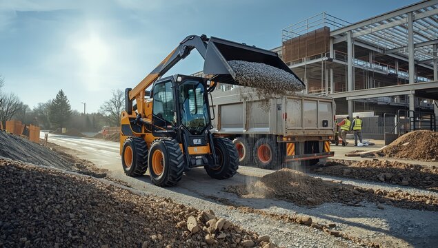 Large bobcat machinery loads gravel into a dump truck at a building site.