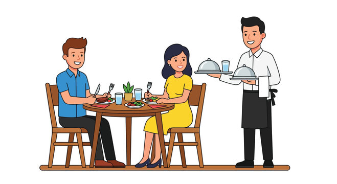A couple enjoys a meal served by a waiter in a restaurant setting