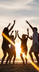 Obraz premium Joyful Group of Friends Dancing and Celebrating on Sunset Beach