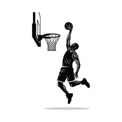 Dynamic black and white illustration of a basketball player executing a powerful slam dunk © Momin Stock
