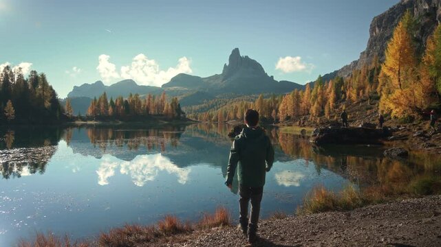 Scenic autumn landscape of male hiker visiting at Lago di Federa with Croda da Lago peak surrounded by larch forest in Dolomites, Italy