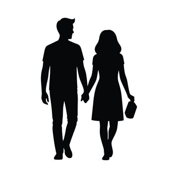 Silhouette of a couple holding hands and walking together, carrying a bag, in a minimalist style