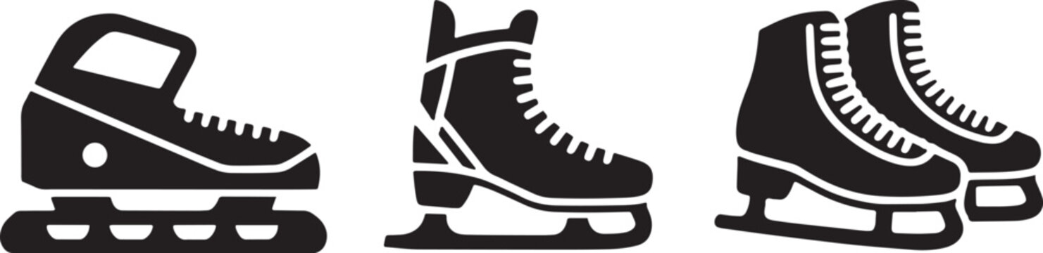 Set of three flat vector silhouettes of inline roller skates, figure skates, and ice hockey ska