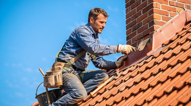 Male construction worker repairing a roof near a brick chimney. Roofer working on metal flashing with a trowel. Skilled labor and home maintenance