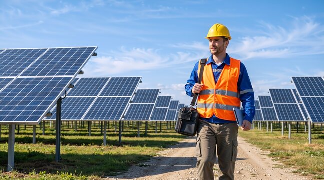 Male solar panel technician walking through a solar farm. Engineer in safety gear carrying a tool bag and laptop. Renewable energy and sustainability concept
