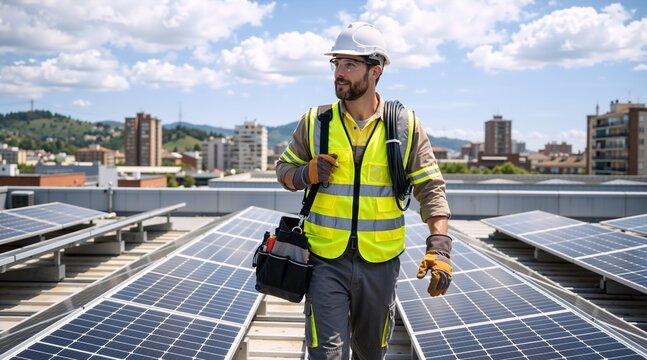 Male solar panel engineer walking on an urban flat roof. Technician in safety gear carrying tools and wire with city skyline background. Sustainable green energy