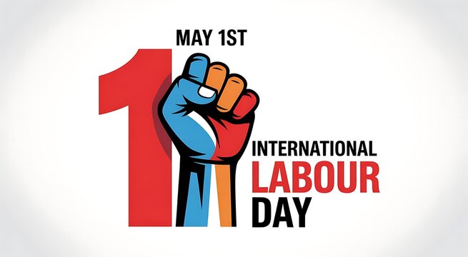 International labor day may 1st concept, red number one, colorful fist raised up, protest symbol, solidarity, workers rights, workers day, mayday, communist