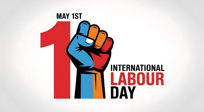 International labor day may 1st concept, red number one, colorful fist raised up, protest symbol, solidarity, workers rights, workers day, mayday, communist