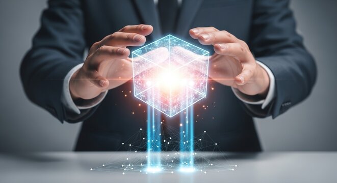 Businessman carefully holding and projecting a glowing holographic digital cube representing complex data structure visualization and technological innovation concepts