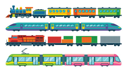 Colorful illustration depicting a variety of trains including steam and modern designs © Vactor media 