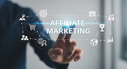Fototapeta premium Business professional touching a holographic screen displaying the concept of affiliate marketing surrounded by relevant digital business and success achievement icons