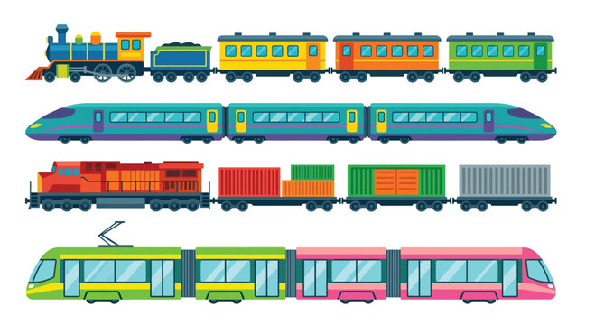 Colorful illustration depicting a variety of trains including steam and modern designs