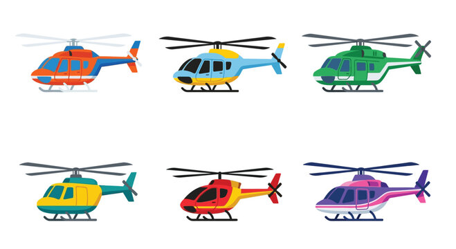 Colorful cartoon helicopters arranged in a grid formation side view