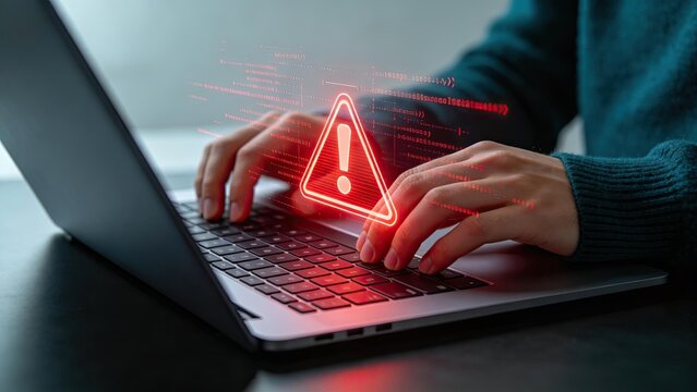 Cybersecurity threat alert on laptop screen hacker attack warning data breach concept digital privacy protection online security risk computer virus detection system error notification