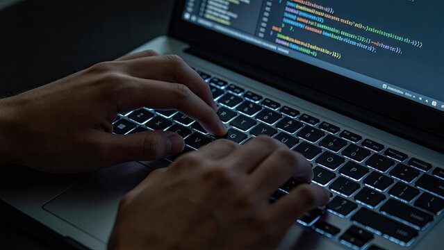 Closeup of male hands typing on a laptop keyboard with backlit keys coding software development on screen digital technology concept programmer working late at night modern office workspace