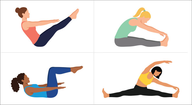 Four illustrations of women demonstrating different yoga and pilates poses