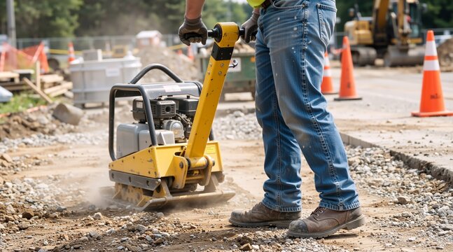Construction worker operating yellow plate compactor on gravel. Soil compaction for road work. Manual labor at building site with industrial machinery