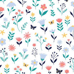 Obraz premium Floral Symphony: An illustration displaying a vibrant tapestry of delicate flowers and playful butterflies, creating a delightful dance of colors and forms, offering a seamless and captivating design.