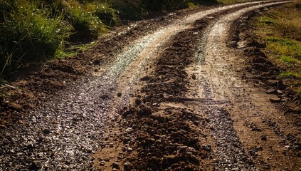 Naklejka premium Marks from tires on a dirt path, gravel, and grass nearby.