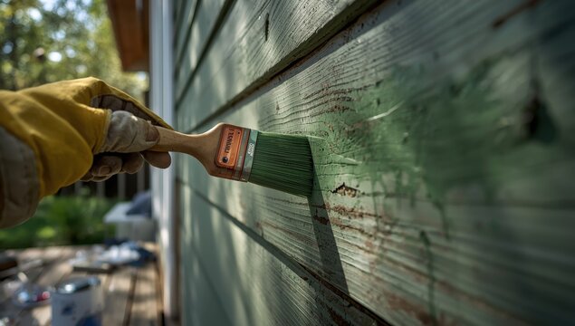 Man's hand applying green paint to a wooden wall outside while renovating.