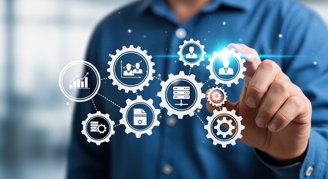 Businessman interacting with a glowing digital interface of connected gears representing business process automation data flow and system synchronization for corporate strategy