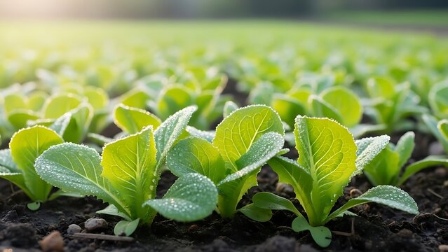 Young Green Plants Growing in Soil Field.