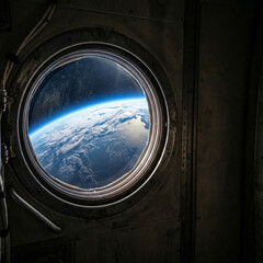 Naklejka premium Earth view from spacecraft window showing blue and white planet 